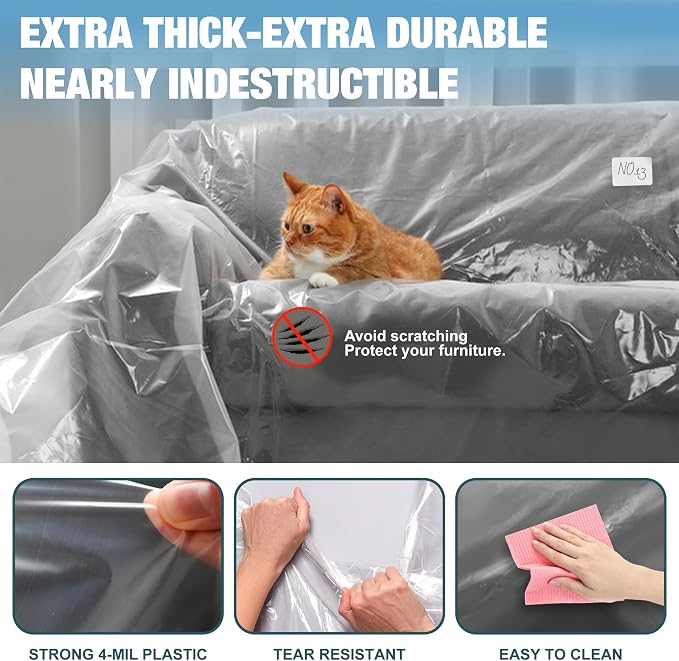 Clear Plastic Moving Chair Furniture Covers for Storage | Extra Large 65x 42 x 34 Inch, Waterproof and Dust Proof With Label For Storage and Moving