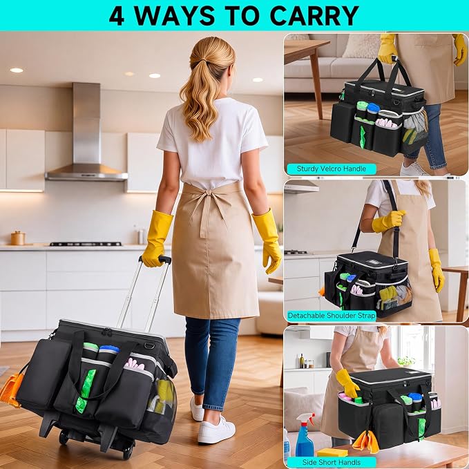 Cleaning Cadddy Bag with Rolling Cart, Lareg Cleaning Bag with Wheels | Cleaning Supplies Organizer with Detachable Trolley for Housekeepers, Housekeeping Cleaning Cart with Shoulder Strap & Handle