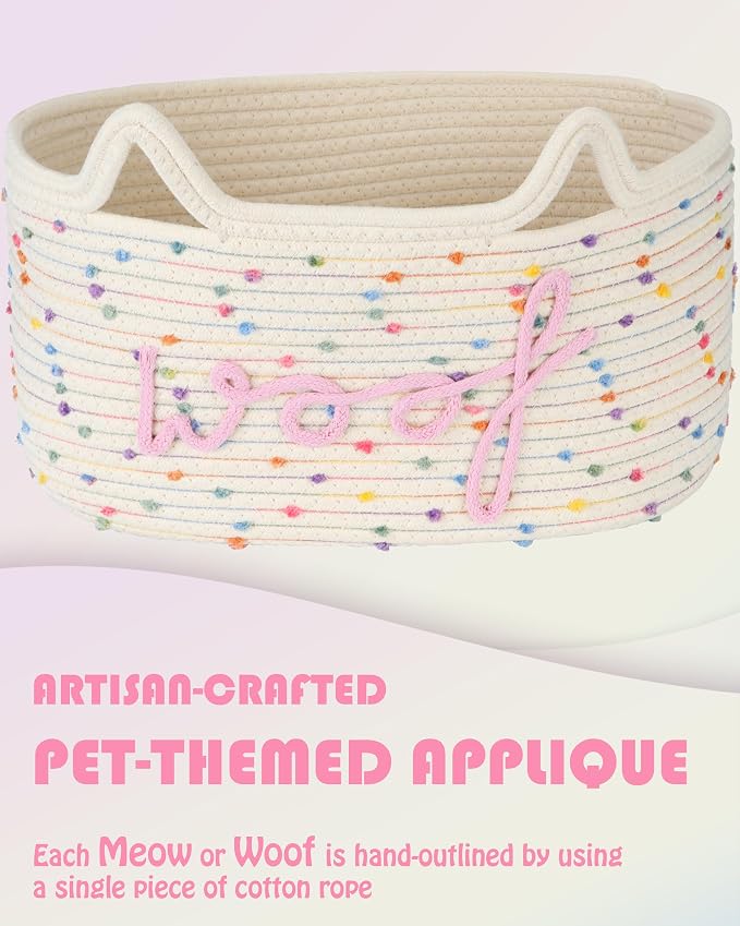 Sea Team Dog Toy Storage Basket with Handles and Ears, Rainbow Woof | Large Cotton Rope Storage Bin, Shelf Basket, Organizer for Pet Chew Toys, Foods, 16.5 x 11 x 7 Inches, 4.4 Gallons
