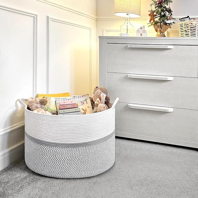 CHICVITA 85L Large Cotton Rope Blanket Basket with Handles, Grey | Woven storage basket for laundry, pillows, toys. Decorative for living room, bedroom, nursery, 22x22x14in