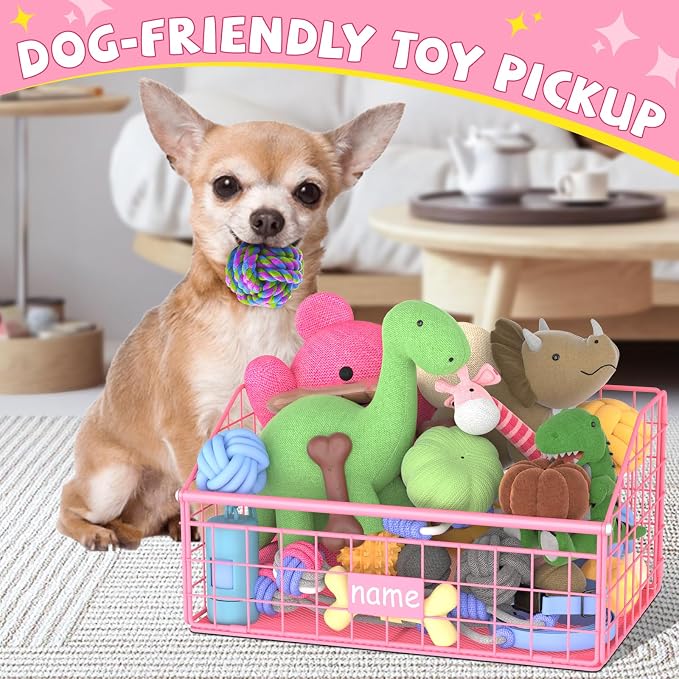 Kaiferty Indestructible Dog Toy basket, Small Toy Box for Dogs, Pet Toy Bin Dog Metal Basket for Toys, Toy Storage Organizer,Dog Toy Box for Living Room Area(Pink)