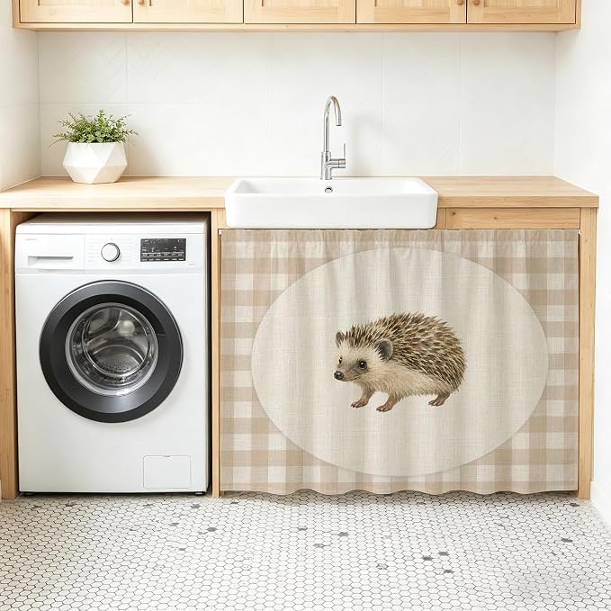 Hedgehog Oven Skirt Curtain for Kitchen Decor 28"x35", Vintage Farmhouse Linen Plaid Rustic Animal Self Adhesive Stove Curtains Skirt Cabinet Curtains for Bathroom Laundry Room