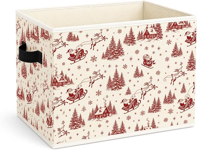 Santa Sleigh Storage Bin, Christmas Fabric Organizer | Red Santa sleigh storage bin with reindeer, trees, houses, and snowflakes for holiday toys, books, clothes, and closets.