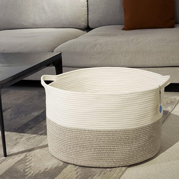 Casaphoria XXL Cotton Rope Basket - 21.7" x 21.7" x 13.8" Woven Laundry Hamper with Handle