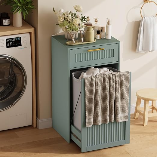 13 Gallons Pull Out Trash Can Cabinet, Hidden Trash Can, Green | Fluted Kitchen Trash Cabinet with Drawer, Freestanding Garbage Pet Proof Trash Can Holder for Laundry, Living Room