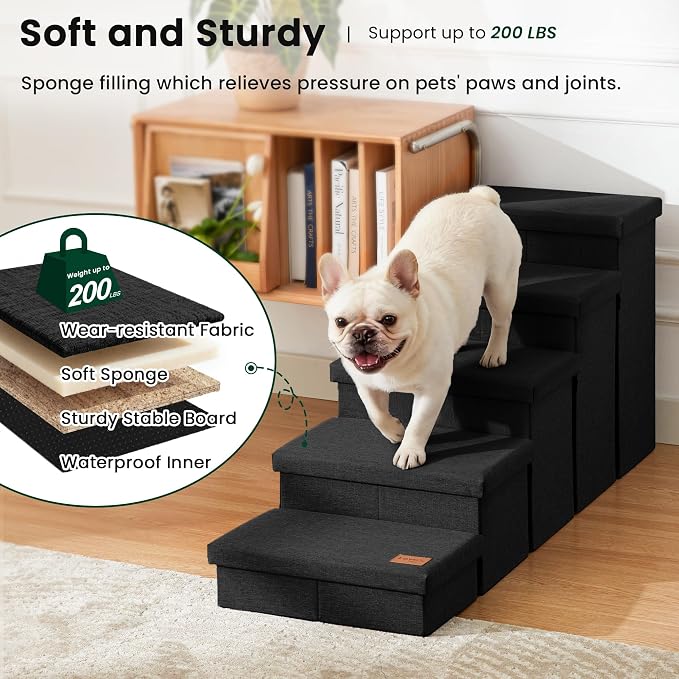 Love's cabin Dog Stairs for High Bed, Foldable Pet Stairs for Small Medium or Large Dogs Puppy with Storage for Bed or Couch, Cat Dog Steps Ramp with Zip up to 200 lbs, Black, 5 Steps