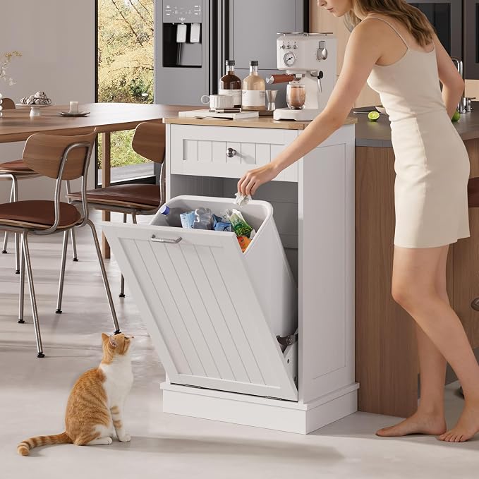 KIGOTY Tilt Out Trash Can Cabinet, Laundry Hamper Cabinet, Kitchen, White