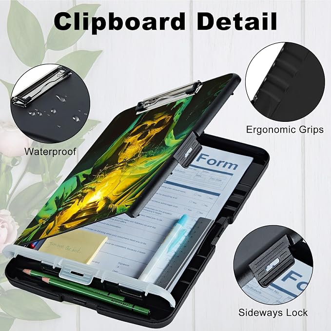 Green Skull Flame A4 Clipboard with Storage Pen Holder, Clipboards Organizer Nursing Clipboard Foldable File Folder Plastic Clipboard Folio Clip Board for Office Students Classroom Doctor