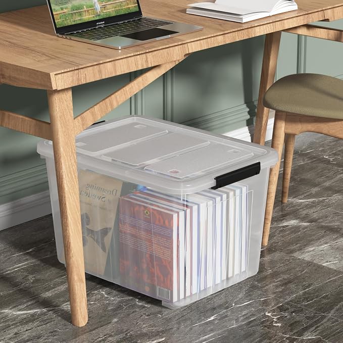 70 Quart Large Clear Plastic Storage Boxes with Wheels, 4 Packs | Stackable Plastic Latching Organization Bins with Lids