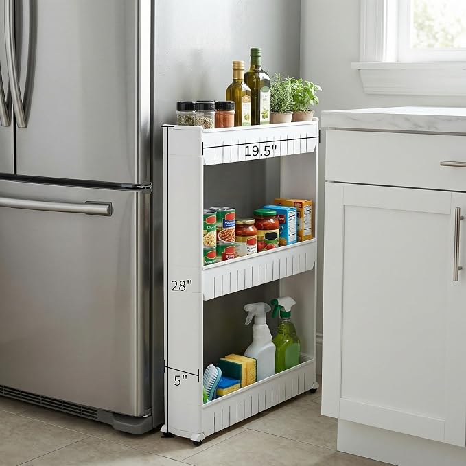 Lavish Home 3 Tier Shelf Rolling Cart - Narrow-Space Kitchen or Bathroom Shelf Organizer Cart - Slim Slide-Out Storage Shelves for Kitchen, Bathroom, Laundry and Pantry
