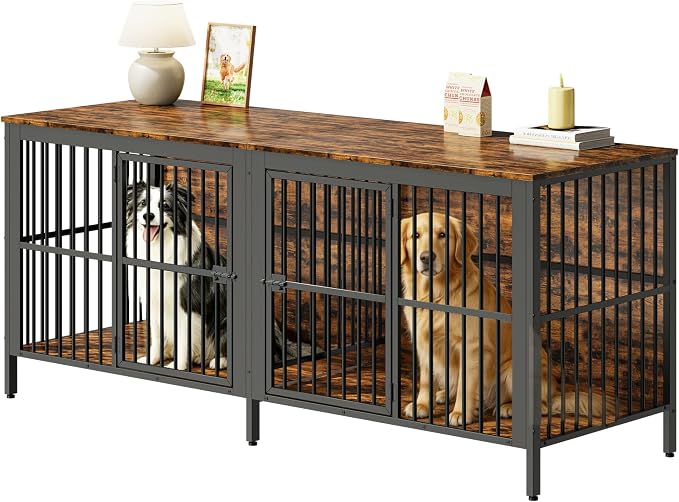80'' Double Dog Crate Furniture for 2 Dogs, Large Dog Kennel Furniture Indoor as TV Stand, Wooden Dogs Cage Heavy Duty Kennel End Side Table for Living Room, Large & Medium Dogs, Brown