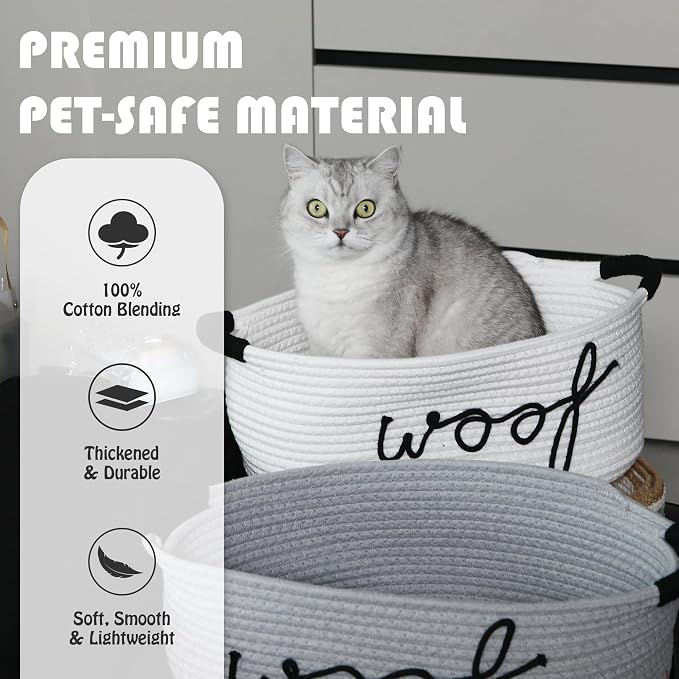 Sea Team Dog Toy Storage Basket with Handles, White Woof | Large Cotton Rope Storage Bin, Shelf Basket, Organizer for Pet Chew Toys, Foods, 16.5 x 11 x 7 Inches, 4.4 Gallons