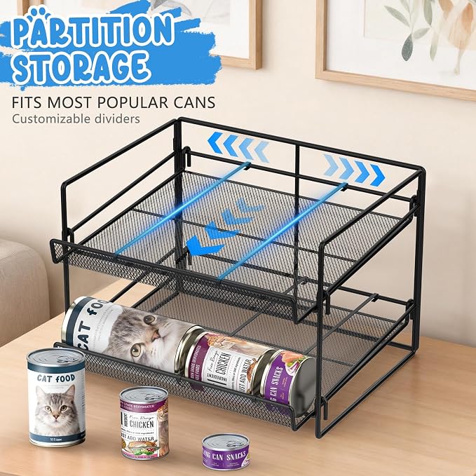 Cat Food Can Organizer 2-Tier Can Organizer for Pantry 56 Cans 3.5oz | Black metal 2-tier cat food can organizer,Holds 56 cans 3.5oz,Adjustable pantry countertop storage for kitchen cabinet