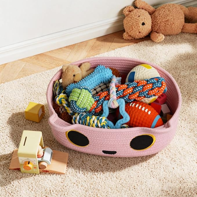 Pink Cat Toy Basket, Small Woven Cat Toy Storage Box with Cute Ears Handle Indoor, Cotton Rope Storage Bin with Embroidered Face for Home Decor, Pet Bed, Baby Nursery Kids Room Organization