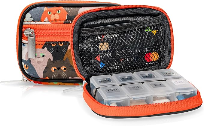 Made Easy Kit Pill Case for Everyday and Travel - 7-Day Weekly Medicine Supplement Vitamin Organizer Sorter Tracker - Neoprene Bag with Pockets - Compact Portable 8 Compartments (Orange Cat)