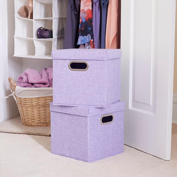 Household Essentials 814-1 Café Cube Bin Storage Set with Lids and Handles | 16 Pack, Purple Linen