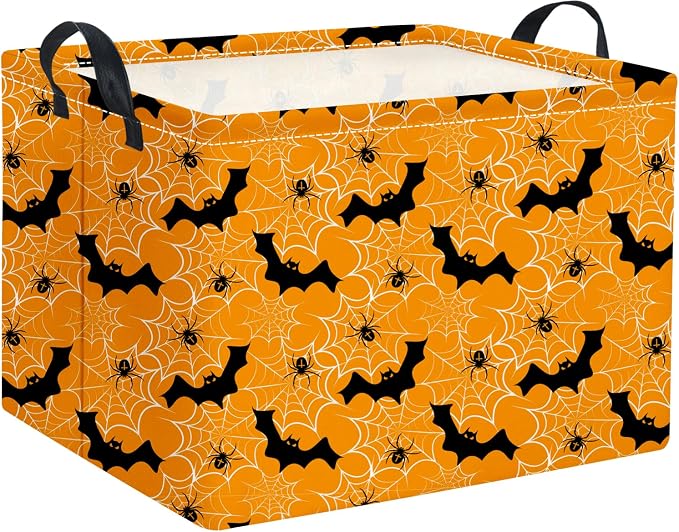 Halloween Basket Cute Baskets for Kids Pumpkin Basket Rectangular Storage Bin Organizer Box Room Decor(Yellow Spider Web)