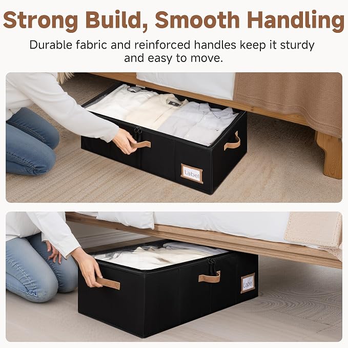 StorageWorks 10 Inch Tall Under Bed Storage Containers with Clear Lid | Reinforced Structure, Resists Sagging, Handles & Label Holder, Foldable Stackable Closet Storage for Clothes, Blankets, Toys