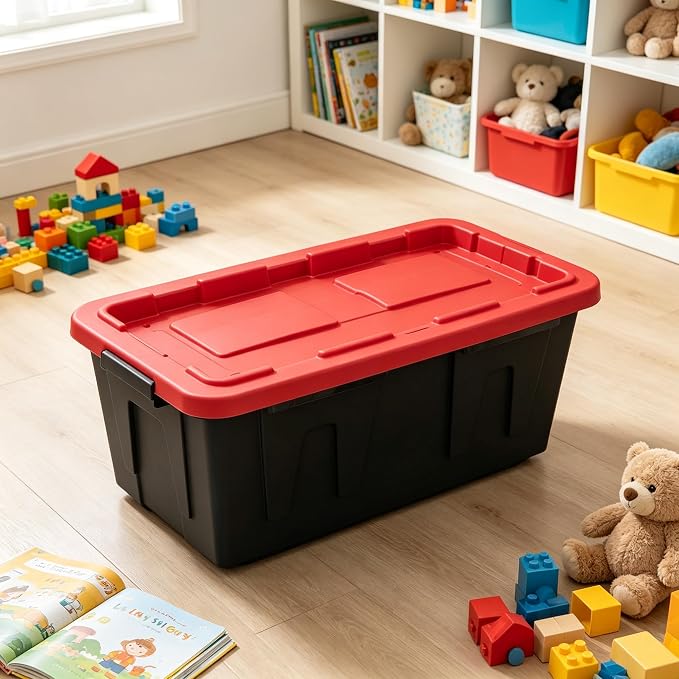 4 Pack 27 Gallon Large Storage Bin with Snap Lid, Black and Red, Heavy Duty Plastic Storage Container