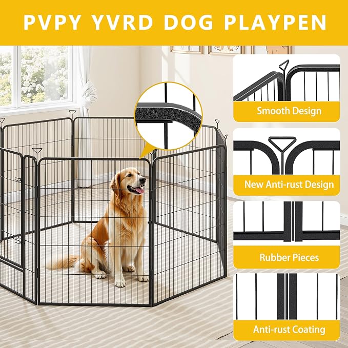 Heavy-Duty Iron Dog Playpen Outdoor Indoor,32 Inch 8 Panels Dog Play Pen | Dog Fences for RV Camping/Yard/Garden,Portable Dog Play Pen for Dogs,Puppies,Small Animals,Black Silver