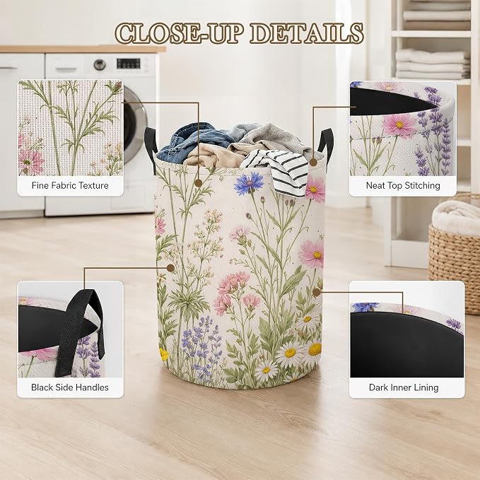 Flower Herbs Laundry Basket Oxford Cloth Wild Plant Laundry Hamper With Handle Foldable Portable Clothes Storage Basket Storage Bag For Laundry Room/Bathroom/Bedroom/Dormitory 20.8"x16"