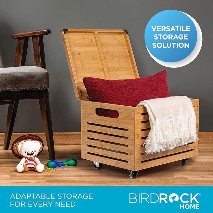 BIRDROCK HOME Rolling File Storage Organizer Box with Lid - Bamboo Decorative Wood Hanging File Box for Letter/Legal Documents, Binders, Blankets - Durable Office Organizer - Natural