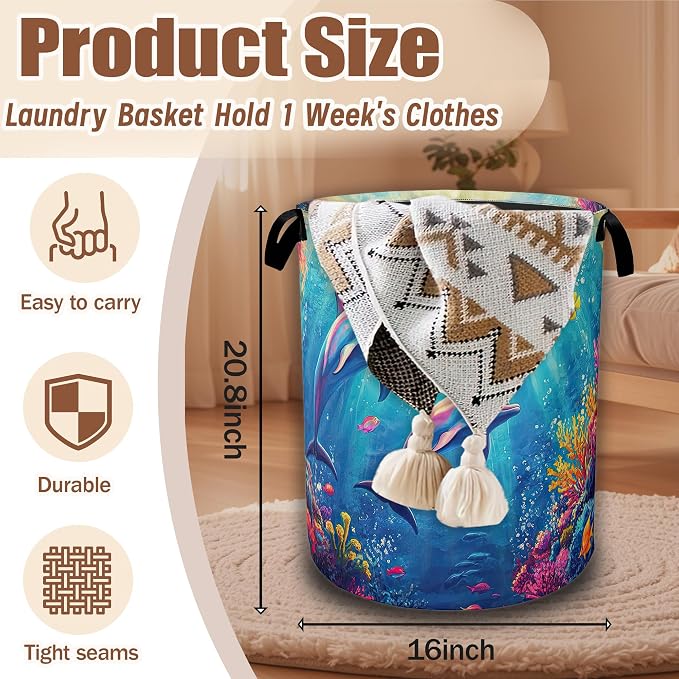Dolphin Ocean Floating Laundry Basket,Waterproof Foldable Laundry Hamper,Dirty Clothes Basket, Linen Bin Storage Organizer Collection 16" x 20.8"