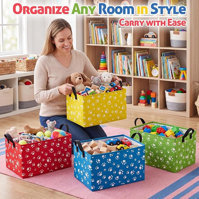 FoldTier 4 Pcs Dog Paw Storage Baskets Empty Collapsible Dog Toy Organizer Bins Puppy Storage Bin with Handles for Pet Toys Books Clothes Gifts Containers Home Rooms Decor(Paw)