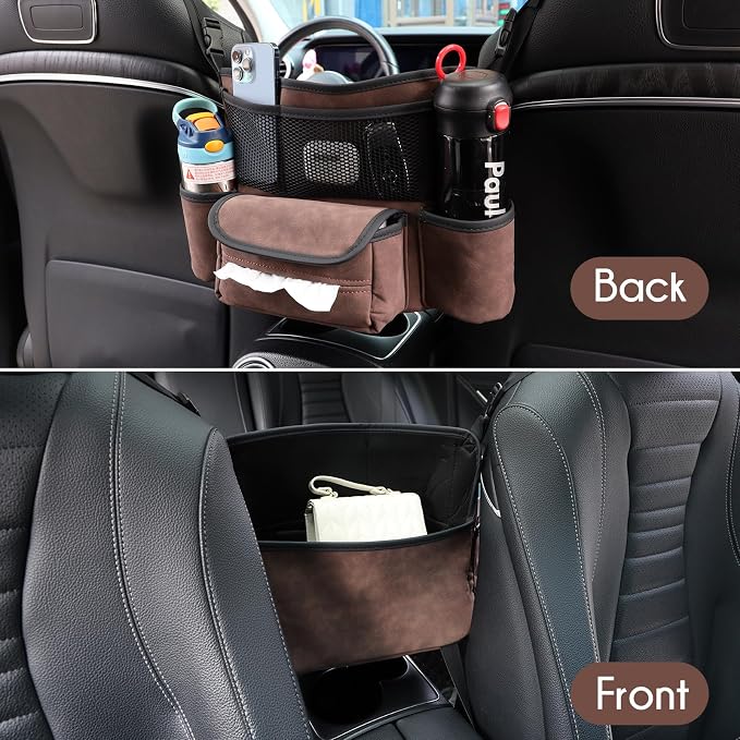 Leather Car Seat Organizer for Handbag/Purse – Fits Between Front Seats, Holds Wallet, Phone & Essentials. (Modle A/Brown)