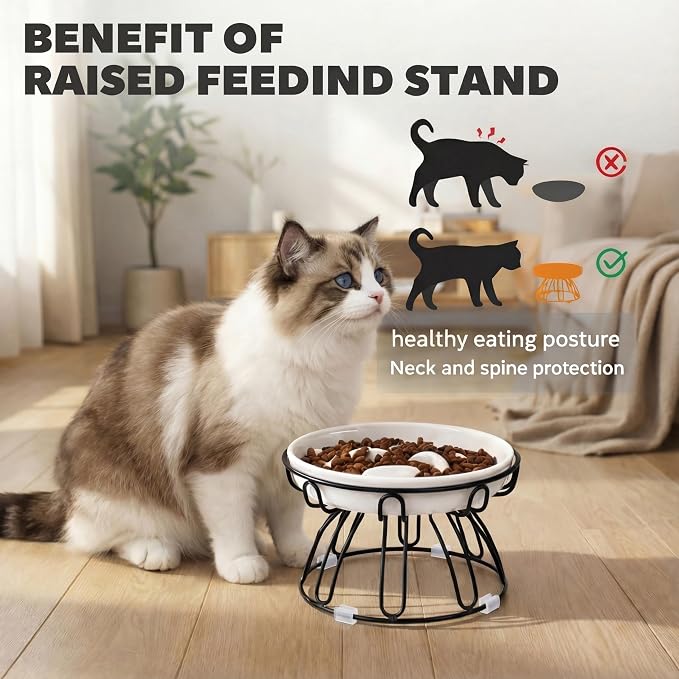 Elevated Cat Bowl Stand - Black Iron Metal Holder with Anti-Slip Grips - Raised Feeding Station for Shallow Cat Food Dishes - 6.7" W x 3.9" H (Bowl Not Included)