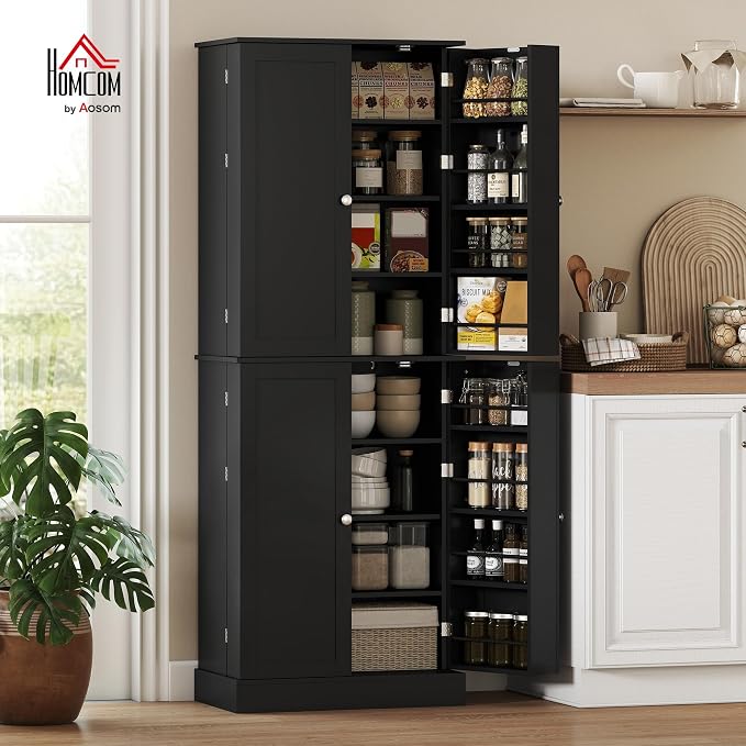 HOMCOM 65" Kitchen Pantry Storage Cabinet 16 Door Shelves Black | Freestanding Kitchen Cabinet, 4 Doors, 8-Tier Shelving, Adjustable Shelves