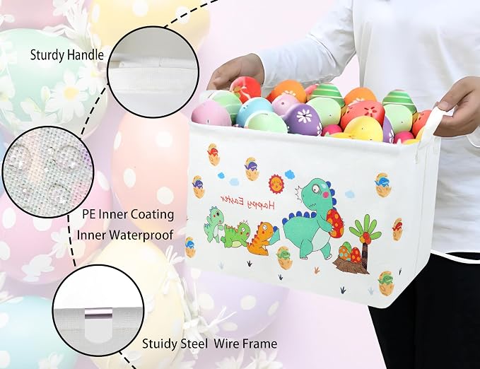 Large Rectangular Easter Baskets Empty Waterproof Boy Toy Box Foldable Kid's Gifts Storage Bin Spring Room Decor(Arrange Dinosaur Egg)