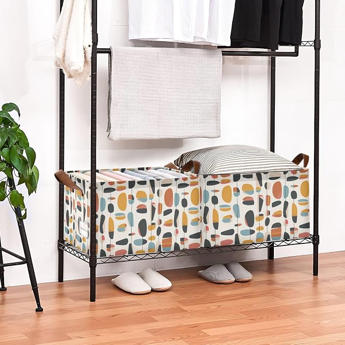 Geometric Mid Century Modern Storage Bins for Shelves with Labels&Handles Fabric Organizer Bin Foldable Rectangle Storage Basket Boxes for Closet, Bathroom, Home, Living Room