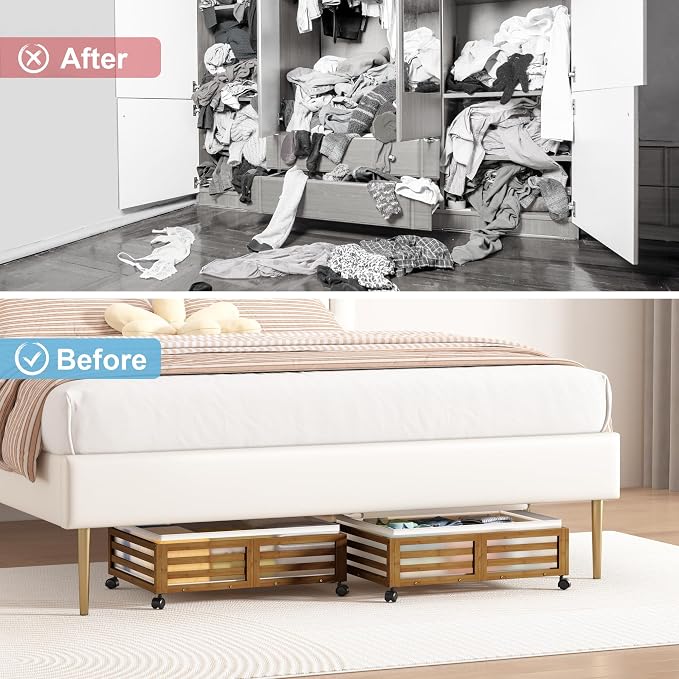 Under Bed Storage with Wheels, 2 Pack Bamboo Drawers for Shoes and Clothes | Fitted dustproof bags, stackable design, smooth pullout access for bedding, blankets, toys and seasonal essentials