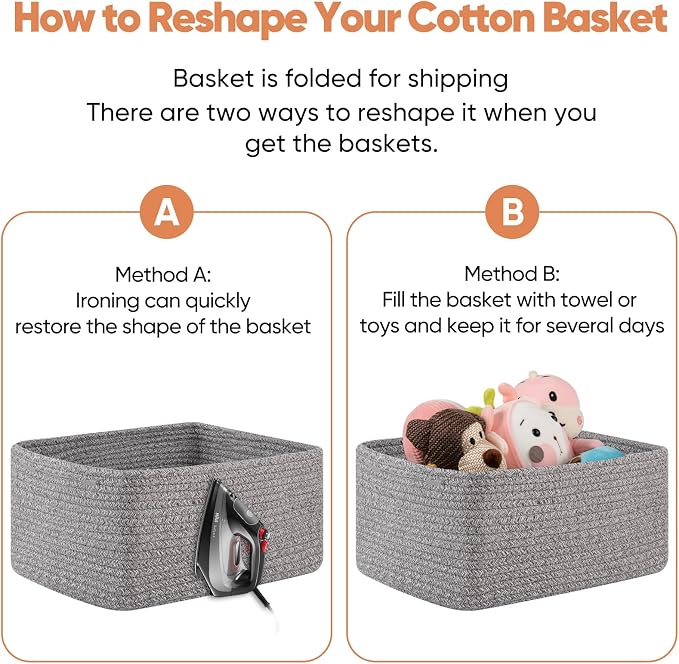 OIAHOMY 4 Pack 14.17 * 11.02 * 6.3IN Storage Baskets for Organizing Shelves, Woven Rope Baskets for Organizing Books, Clothes, Decorative Basket for Living Room, Nursery, Bedroom, Gift Basket, Grey