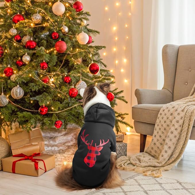 SCENEREAL Christmas Dog Hoodie with Leash Hole, Warm & Soft Fleece Pet Sweater & Sweatshirt for Small Medium Large Dogs, Xmas Elk Print Pets Clothes Cold Weather Costume, L