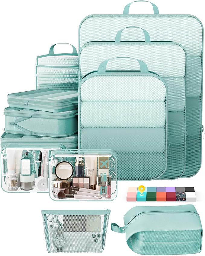 Veken 11 Set Compression Packing Cubes Garment Bags for Travel Essentials,Compressible Expandable Luggage Organizer Bags for Clothing,Space Saver Bags with Over 1000 pcs of Mesh Holes(Blue Green)