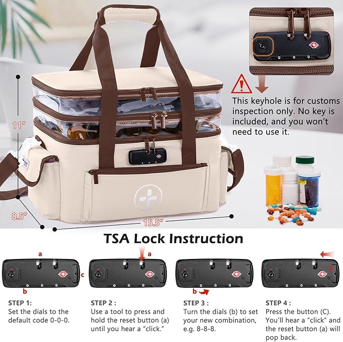 BAGSFY 3-Tier Medicine Organizer with Combination Lock – Large Medicine Bag, Empty First Aid Kit Case, Pill Bottle Medical Supply Organizer, Travel Prescription Bag, Medication Storage Container