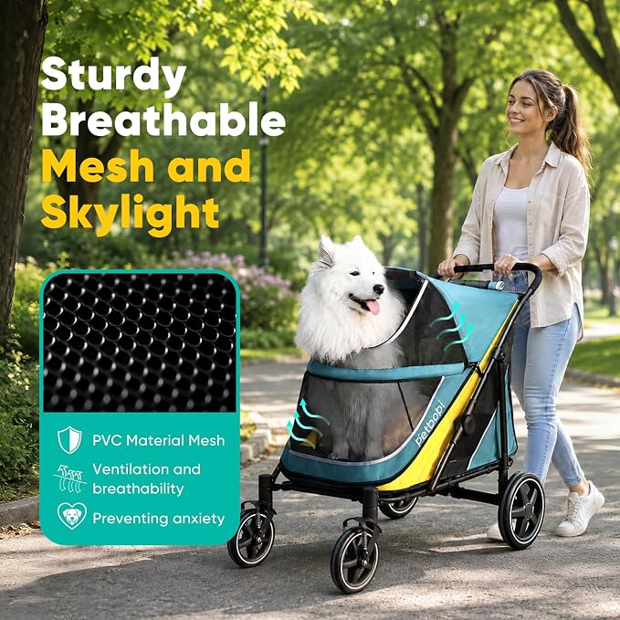 Petbobi Dog Stroller for Large & Medium Dogs - Easy Fold Dual Entry Pet Stroller with One-Foot Brake, All Terrain Wagon Cart with Air Mesh, Ideal for Large Senior Pets up to 80 lbs, Green | One-Hand Fold, One-Foot Brake, All Terrain 360 Swivel Front Wh...