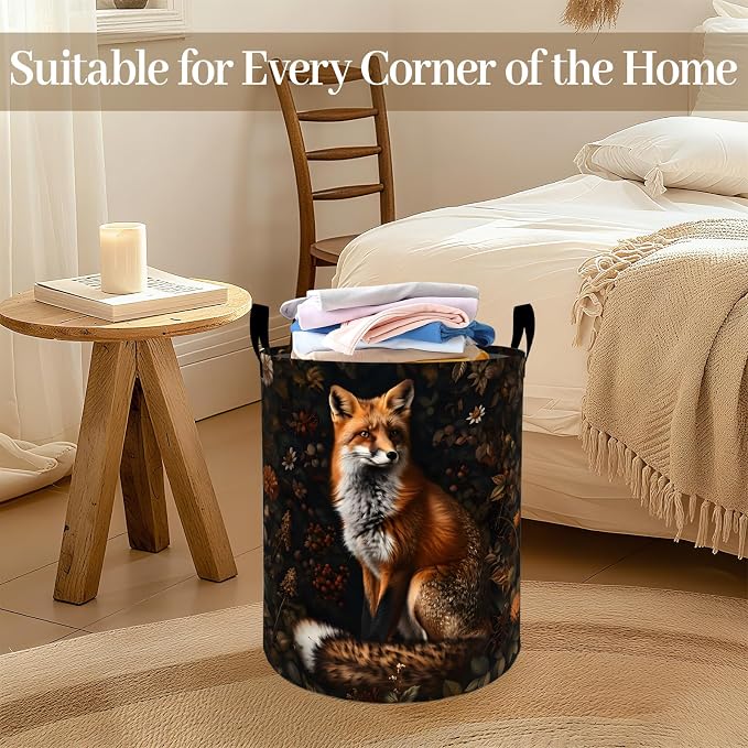 Rustic Fox Floral Laundry Basket, Woodland Animal Foldable Oxford Cloth, Waterproof Dirty Clothes Hamper with Handles, Clothing Storage Bin Toy Organizer for Bedroom Dorm Bathroom, 19.7"x15.7"