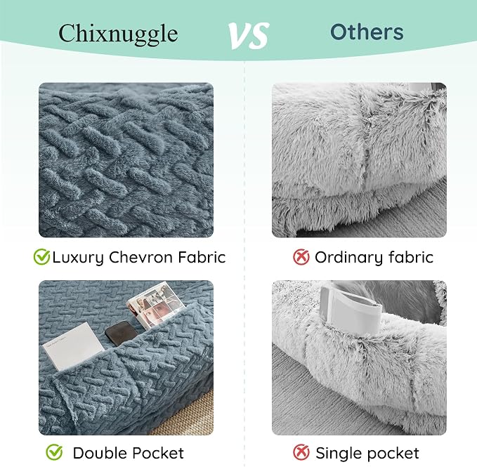 ChiXnuggle Orthopedic Human Dog Bed,with Faux Fur Washable Cover,Blanket | bluish grey,72*40*10,giant dog bed for adult or extra large dogs,egg crate foam,non-slip bottom