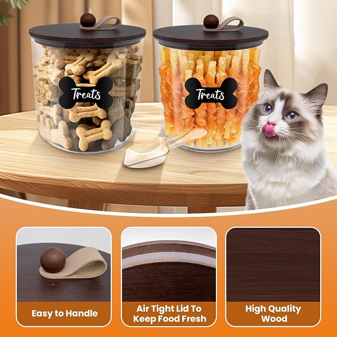 HOYTAMDAR 2 Pack Airtight Dog Treat Containers Bamboo Lids, Dog Treat Jars | Dog Food Storage Container with Scoops, Clamps, Labels and Marker, Dog & Cat Treat Holder