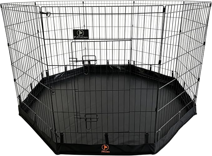 PJYuCien Puppy Playpen with Bottom Pad and Door, 8 Panels 36" H, Black | 24"W, Dual-function Pad, For Medium Pets, Foldable Octagonal Pen, Versatile, Indoor & Outdoor, Backyard, Protects Floors