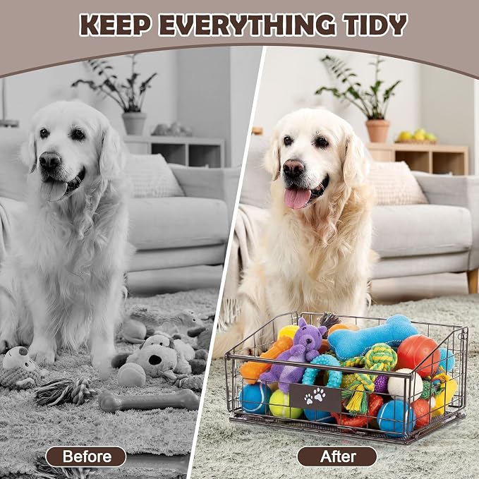 3 Pack Metal Dog Toy Baskets Multi-sized Foldable Dog Toy Bins Box Storage Container Organizer for Living Room Area Decorative Pet Accessories Coat Clothing Storage Holder Baskets(Bronze)