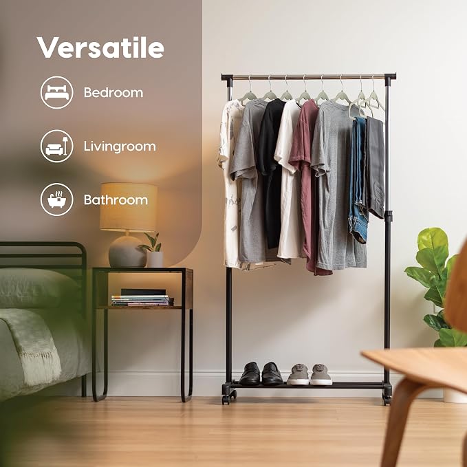 IRIS USA Single Rod Rolling Clothes Rack, Height Adjustable, Black | Adjustable hanging space for garments, accessories, and storage needs with smooth mobility