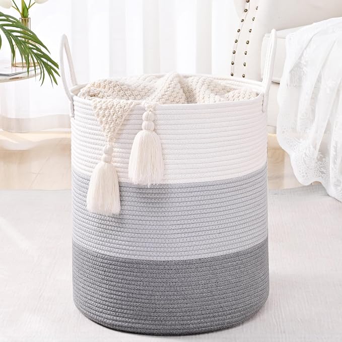 Laundry Hamper for Organizing, 52L Large Laundry Baskets, Cotton Rope Woven Blanket Basket, Collapsible Laundry Hamper for Living Room, Nursery, 15"×18", Gray