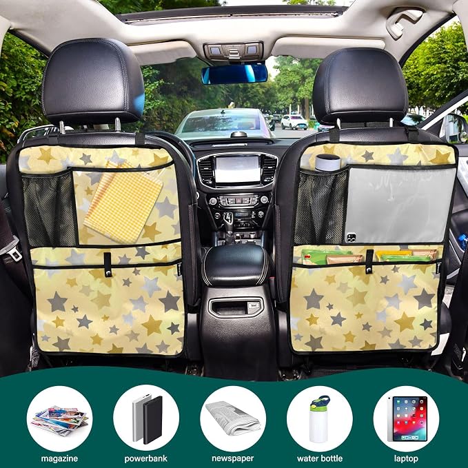 1 Pack Back Seat Car Organizer with Storage Pockets Kick Mats Back Seat Protector Hanging Car Organizer Automotive Seat Back Cover Organizers Cute Silver and Golden Stars