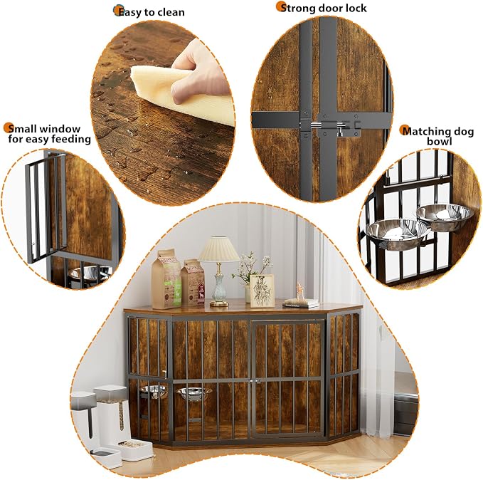 APRILSOUL 42 inch Furniture Dog Crate Corner, Wooden End Table with Bowl, Indoor Pet Crate Side Table for Dogs, Wide Top Perfect for Limited Room