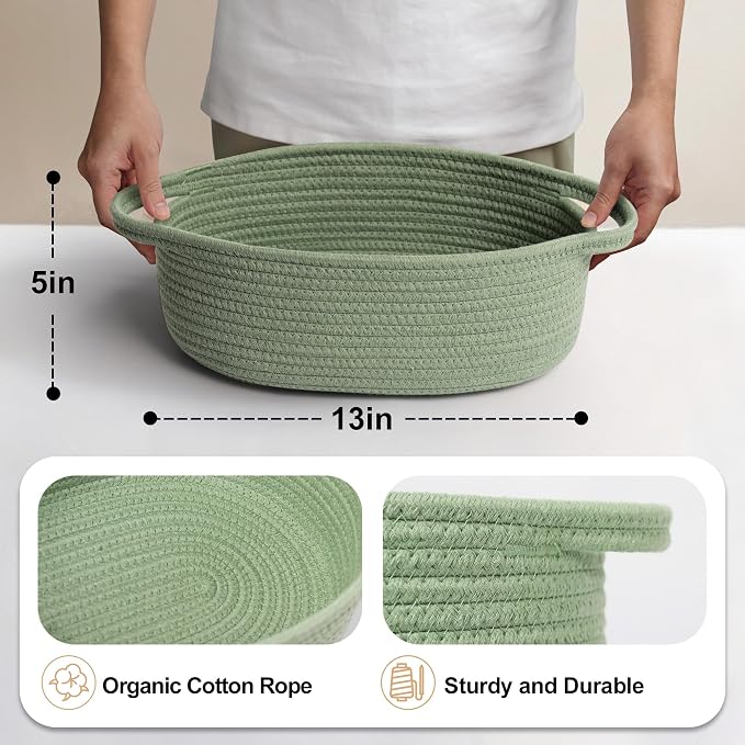 Green Woven Basket, 13" x 9" x 5" Baskets for Gifts Empty, Cute Cotton Rope Cat Dog Toy Bin Box, Small Woven Bin for Organizing, Green Room Decor, Nursery Baby Cloth Diaper Storage Organizer