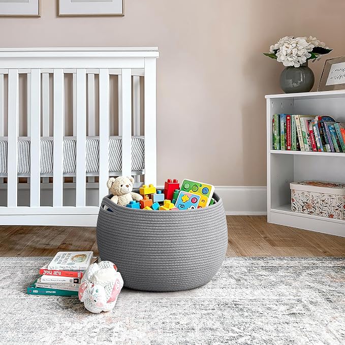 Goodpick Large Toy Storage Basket for Kids, Round, 15.7" x 10.5", Grey | Woven Rope Basket with Handles, Holds Blankets, Toys & Baby Shower, Decorative Basket for Living Room & Bedroom Décor